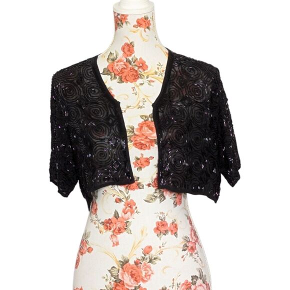 NWT Lord & Taylor Beaded Silk Shrug Bolero Cropped Cardigan Black Whimsy Goth - Picture 1 of 11